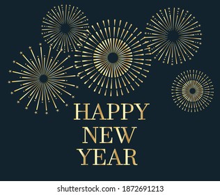 Happy new year  greeting card. Vector illustration of golden christmas decorations on dark  blue background.Happy new year 2021 greeting card . Banner, flyer, poster,  template.