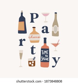 Feliz año nuevo, tarjeta de felicitación, invitación. Afiche de la fiesta de Navidad. Bebidas alcohólicas extraídas a mano, cócteles y botellas de vino. Concepto de celebración. Fondo de la ilustración del vector, plantilla. Diseño plano.