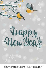 Happy New Year. Greeting card with branches and two birds