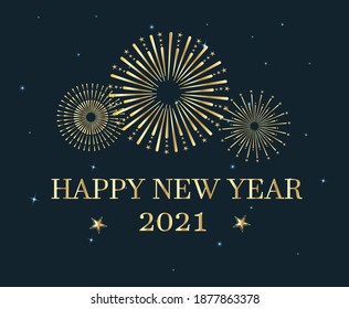 Happy new year  greeting card. Vector illustration of golden fireworks on dark  blue background.Happy new year 2021 greeting card . Banner, flyer, poster,  template.