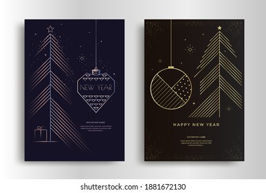 Happy New Year greeting card design with stylized Christmas tree and gold decoration on dark background. Merry Christmas Golden line illustration