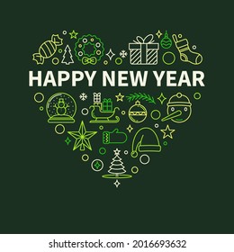 Happy New Year Greeting Card with Heart Shaped outline concept green festive design - vector illustration