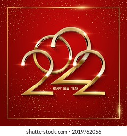 Happy new year greeting card vector template. Festive christmas social media banner design with congratulations. Golden 2022 number in frame with confetti realistic illustration with typography