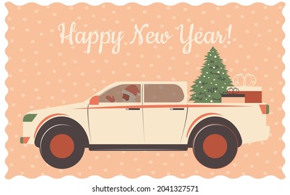Happy new year greeting card on pink background. A white car with Santa Claus carries gifts and a Christmas tree for the holiday. Vector.