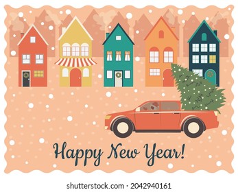 Happy new year greeting card on pink background. A red car with Santa Claus carries gifts and a Christmas tree for the holiday along a city street among houses. Vector.