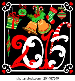 Happy New Year Greeting Card with Christmas Objects on Black Background, Vector Version. 