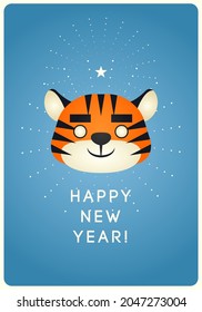 Happy New Year greeting card 2022. Funny cartoon flat style Tiger face. Chinese animal symbol of the year. New Year character design. Vector illustration.