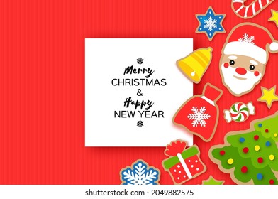 Happy New Year greeting card. Christmas Santa,tree,gift, snowflakes, lollipop. Christmas gingerbread paper cut style. rectangle frame. Winter holidays. Red.