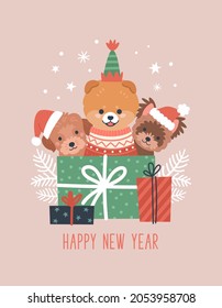 Happy New Year greeting card. Vector cartoon illustration with three cute cartoon puppies in Christmas hats looking out from behind gift boxes. Small dogs in Santa hats. Isolated on background