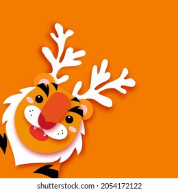 Happy New Year greeting card. Chinese Tiger New Year, Deer horns paper cut style Winter holidays Orange