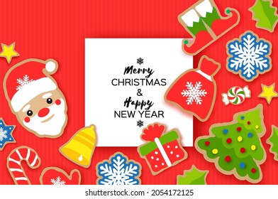 Happy New Year greeting card. Christmas Santa,tree,gift, snowflakes, lollipop. Christmas gingerbread paper cut style. rectangle frame. Winter holidays. Red