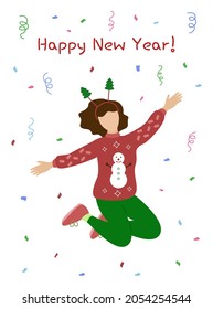 Happy New Year greeting card. Woman in sweater jumps and has fun. New Year party with confetti. Vector illustration.