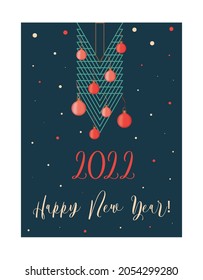 Happy New Year greeting card with New Year text, Christmas toys, Christmas tree and snow.