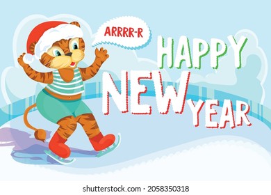 Happy New Year greeting card with symbol of the year small baby tiger on ice skaters roaring tiger cute flat winter postcard winter sport activities Chinese new year celebration lunar zodiac