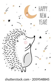 Happy New Year! Greeting card with cute hedgehog