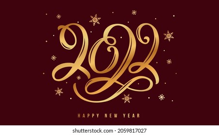 Happy New Year greeting card with hand lettering 2022. Horizontal banner with golden handwritten figures and snowflakes. Vector illustration.