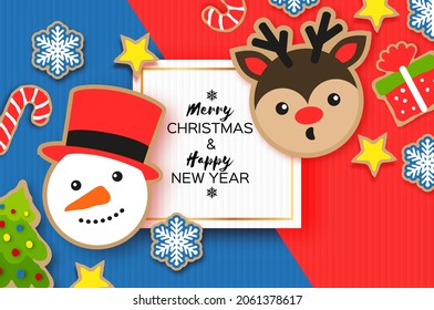 Happy New Year greeting card. Christmas Snowman ,tree, bell, gift, deer, snowflakes,holly. Christmas gingerbread paper cut style Winter holidays