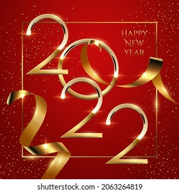 Happy new year greeting card vector template. Festive christmas social media banner design with congratulations. Golden 2022 number in frame with confetti realistic illustration with typography