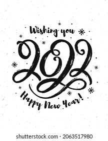 Happy New Year greeting card with lettering 2022. Modern vector illustration with hand drawn paintbrush figures on white background.