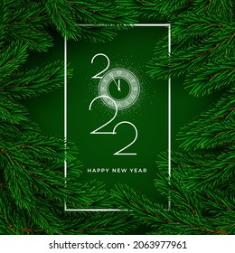 Happy New Year Greeting Card. Lettering 2022 with countdown to midnight. Christmas tree branches on dark background with white frame and falling snowflakes. Vector Illustration