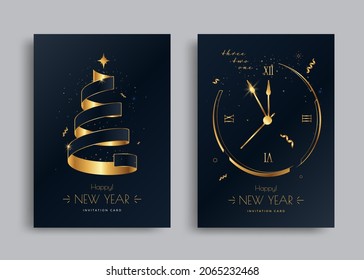 Happy New Year greeting card design with stylized gold clock, xmas tree and decoration on dark background. Merry Christmas poster layout. Golden line illustration