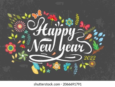 Happy New Year greeting card design template with typography text on black chalkboard vector background
