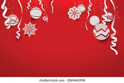 Happy New Year greeting card with white paper cut Christmas decoration and confetti isolated on a red background