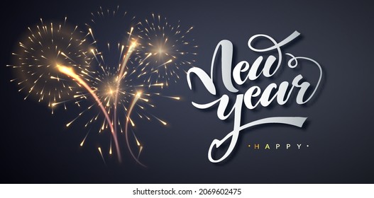 Happy New Year greeting card design with festive fireworks explosionson dark background. Holyday Vector illustration. Congratulation banner