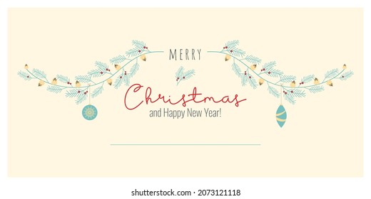 Happy New Year greeting card, branch with cones, berries, ball, toys, with the inscription. Vector illustration