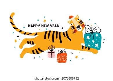 Happy New Year greeting card, banner or poster. Cute tiger in a Santa Claus hat holds a New Year gift in his paws. Template with congratulatory typography.  Hand drawn flat vector illustration