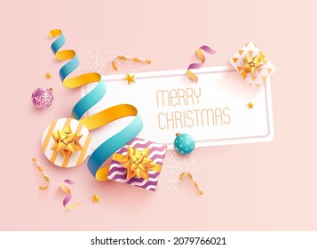 Happy New Year greeting card with gifts, balls and golden ribbon.