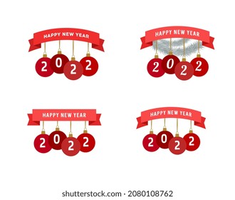 Happy new year greeting card design elements, ribbon with christmas balls with 2022 year numbers, Merry Christmas and Happy New Year, isolated vector graphic illustration.