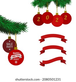 Happy new year greeting card design elements, ribbon with christmas balls with 2022 year numbers, Merry Christmas and Happy New Year, isolated vector graphic illustration.