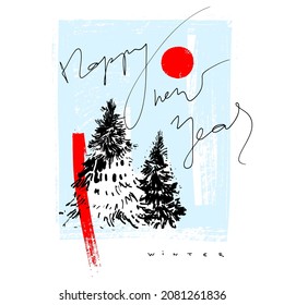 Happy new year greeting card hand drawn ink vector sketch.