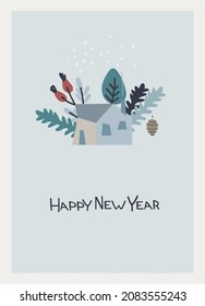 Happy New Year greeting card template. Minimalistic design with country house, stylized trees, pine cone, snow and hand-lettered greeting phrase on blue background