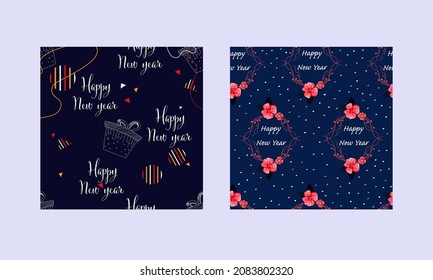 Happy New Year Greeting Card Or Post Set In Blue Color.