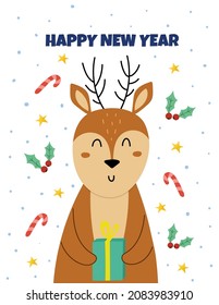 Happy New Year greeting card with a cute reindeer carrying Christmas gift. Winter print with a funny character, us letter format 8.5x11. Vector illustration