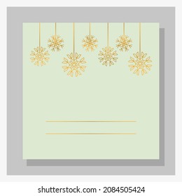 Happy New Year greeting card. Winter postcard, banner. Shining gold gradient. Snowflakes line art, minimalistic. Winter holiday vector. Falling snow background, green square decoration elements.