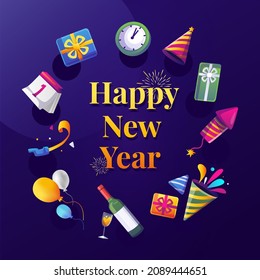 Happy New Year greeting card surrounded by clock, confetti, calendar, gift, balloons, wine, firework and ribbon icons. vector banner template isolated on dark blue background