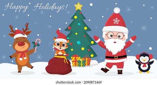 Happy new year greeting card. Cartoon santa claus, tiger cub in a bag with gifts, deer, penguin, christmas tree, boxes with gifts. Party in the forest in winter snowflakes.