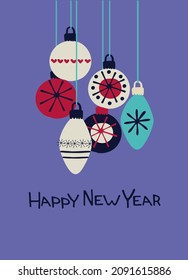 Happy New Year greeting card template. Stylish Scandinavian design with hand drawn baubles and hand lettering on Colors of the 2022 year very peri, blue a violet-red undertone background