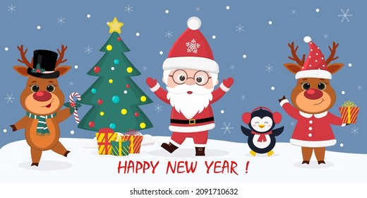 Happy New Year greeting card. Cartoon santa, two deer, penguin, christmas tree, boxes with gifts. Party in the forest in winter snowflakes.