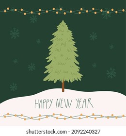 Happy New Year greeting card. Pine tree, lights and hand drawn lettering. Vector cartoon flat illustration.
