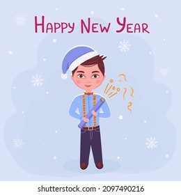 Happy New Year greeting card, boy in christmas hat with confetti cracker. Vector Illustration for printing, backgrounds, covers, packaging, greeting cards, posters, stickers, textile, seasonal design.