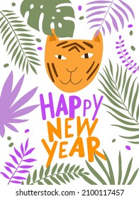 Happy new year greeting card with cute cartoon tiger and hand drawn lettering. Vector illustration.