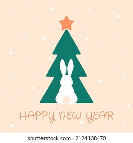 Happy new year greeting card, poster, with cute, sweet bunny silhouette on christmas tree background