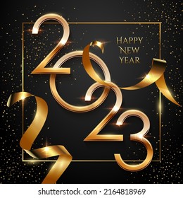 Happy new year greeting card vector template  Festive christmas social media banner design and congratulations  Golden 2023 number in frame and confetti realistic illustration and typography 