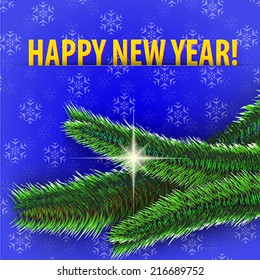 Happy New Year! greeting card on shiny Christmas tree. Vector illustration