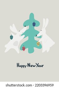 Happy New Year greeting card with Water Rabbit, zodiac animal for 2023. Funny Chinese horoscope rabbit and hand-lettered greeting phrase
