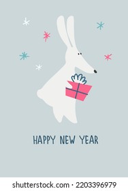 Happy New Year greeting card with Water Rabbit, zodiac animal for 2023. Funny Chinese horoscope rabbit and hand-lettered greeting phrase